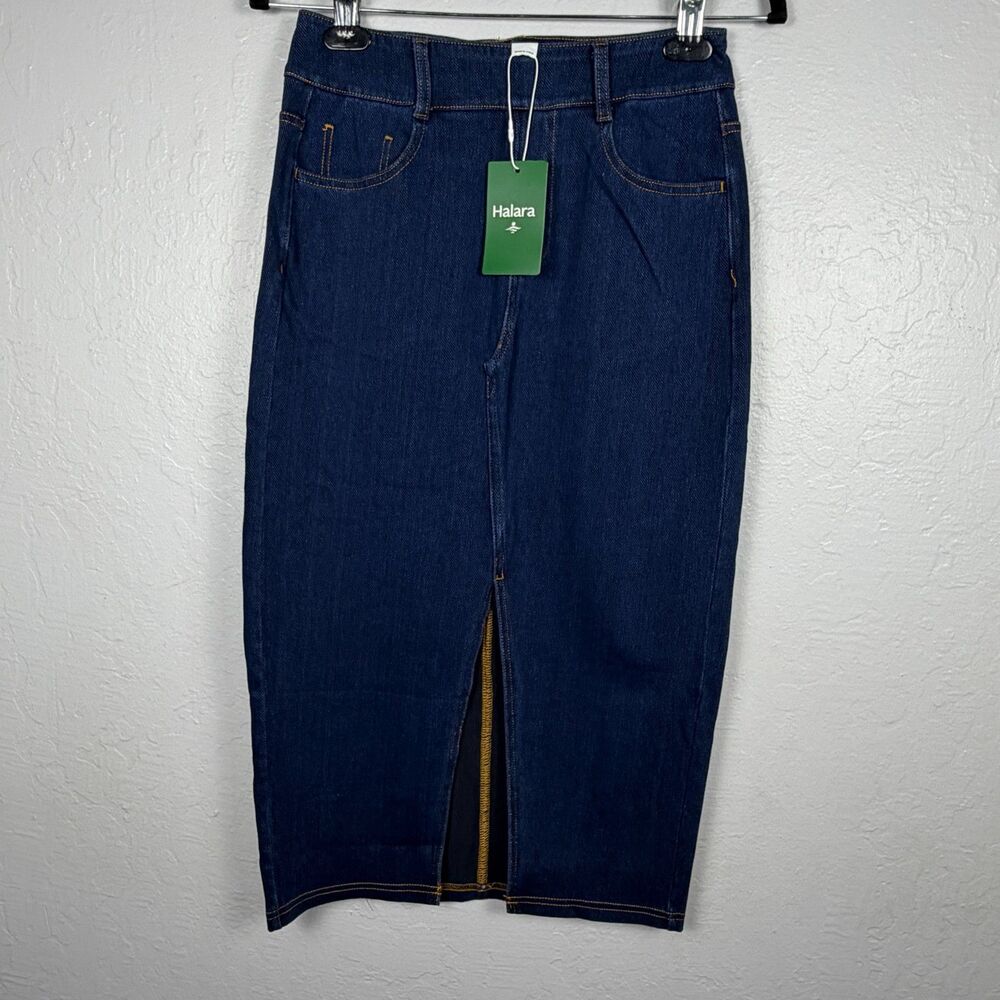 Halara Women’s S Regular Dark Wash Denim Midi Pencil Skirt Front Slit NWT
